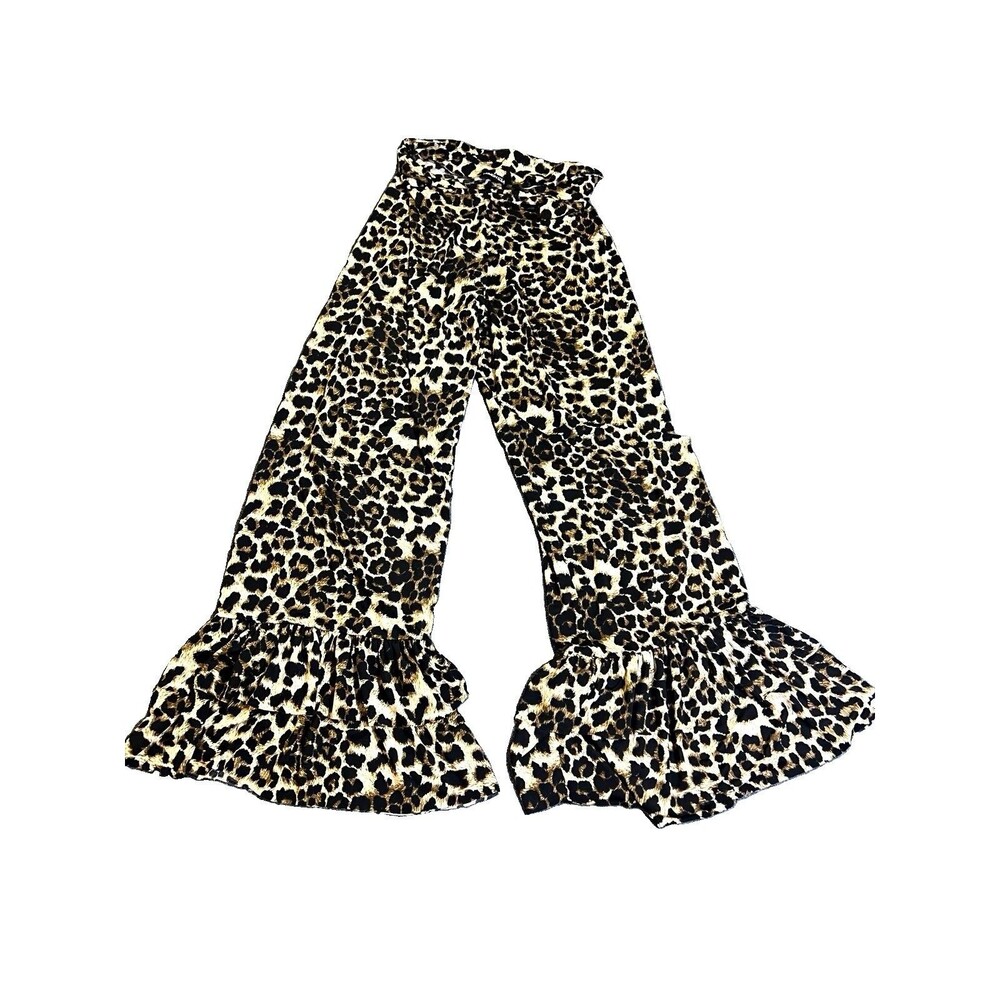 Heimish USA Tiered wide leg Double Ruffle Leopard Palazzo Pants Boho Loungewear